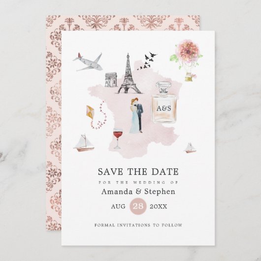 Blush Pink & Roos Gold Paris Destination Wedding Save The Date (Voorkant / Achterkant)