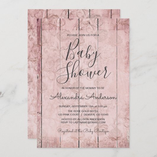 Blush Pink - Roos Gold Rustiek Baby shower Kaart (Voorkant / Achterkant)