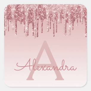 Blush Pink - Roos Gouden Glitter Sparkle Monogram Vierkante Sticker
