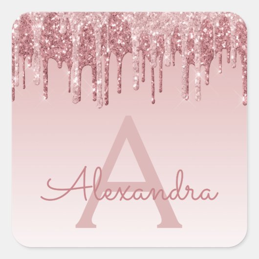 Blush Pink - Roos Gouden Glitter Sparkle Monogram Vierkante Sticker (Voorkant)