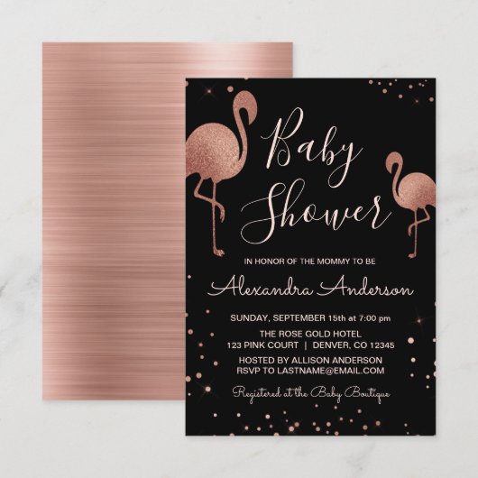 Blush Pink - Roos goudfolie Flamingo Baby shower Kaart (Voorkant / Achterkant)