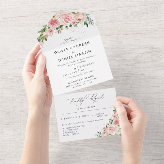 Blush Pink Rose Alles in Een Bruiloft Uitnodiging (Afscheurbaar)