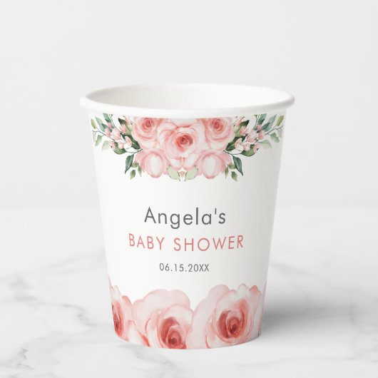 Blush Pink Rose Baby in Bloom Shower Papieren Bekers (Voorkant)