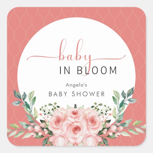 Blush Pink Rose Baby in Bloom Shower Vierkante Sticker (Voorkant)