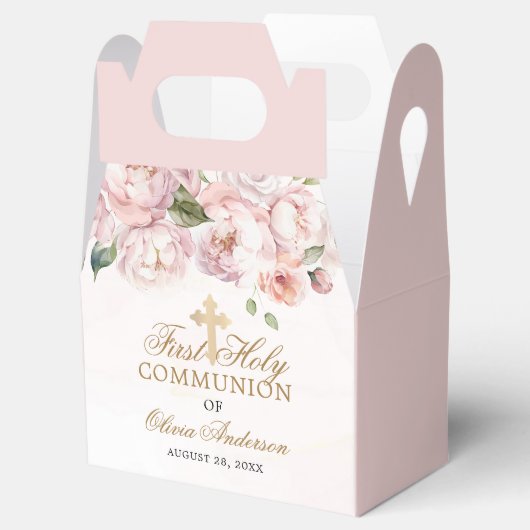 Blush Pink Rose Bloemen Eerste Heilige Communie Bedankdoosjes (Geopend)