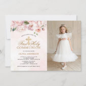 Blush Pink Rose Bloemen Eerste Heilige Communie Fo Kaart (Voorkant)