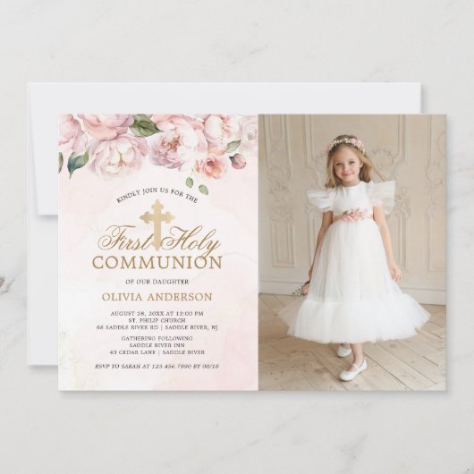 Blush Pink Rose Bloemen Eerste Heilige Communie Fo Kaart (Voorkant)