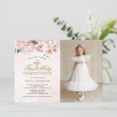 Blush Pink Rose Bloemen Eerste Heilige Communie Fo Kaart (Staand voorkant)