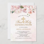 Blush Pink Rose Bloemen Eerste Heilige Communie Kaart (Voorkant)