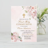 Blush Pink Rose Bloemen Eerste Heilige Communie Kaart (Staand voorkant)