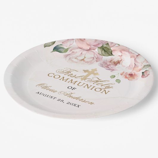 Blush Pink Rose Bloemen Eerste Heilige Communie Papieren Bordje (Gekanteld)