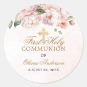 Blush Pink Rose Bloemen Eerste Heilige Communie Ronde Sticker (Voorkant)