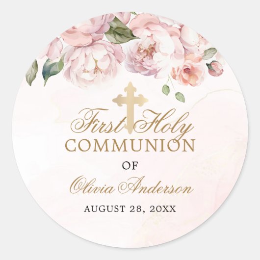 Blush Pink Rose Bloemen Eerste Heilige Communie Ronde Sticker (Voorkant)