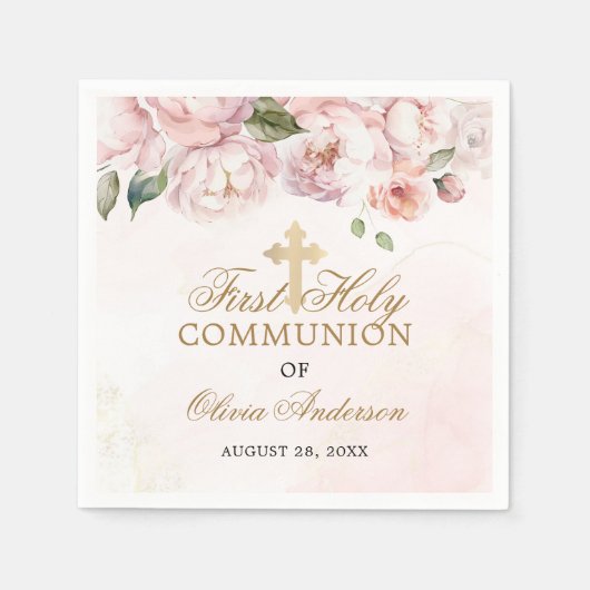 Blush Pink Rose Bloemen Eerste Heilige Communie Servet (Voorkant)