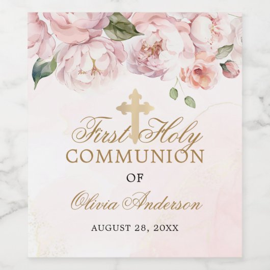 Blush Pink Rose Bloemen Eerste Heilige Communie Wijn Etiket (Enkel label)