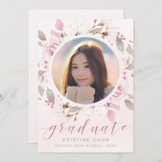 Blush Pink Rose Bloemen Foto 2025 Afstuderen Aankondiging (Voorkant / Achterkant)