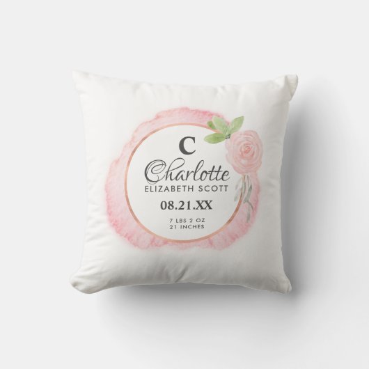 Blush Pink Rose Bloemen Geboortestatus Kussen (Voorkant)