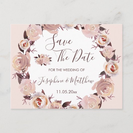 Blush Pink Rose Bloemen Krans Save the Date Aankondigingskaart (Voorkant)