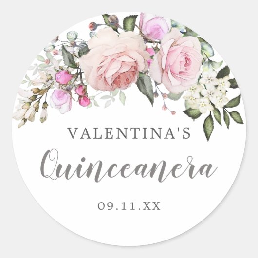 Blush Pink Rose Bloemen Quinceanera Envelope Seal Ronde Sticker (Voorkant)