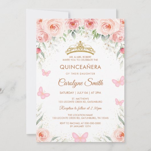 Blush Pink Rose Bloemen Quinceañera Vlinder Kaart (Voorkant)