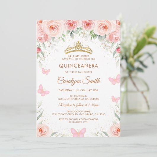 Blush Pink Rose Bloemen Quinceañera Vlinder Kaart (Staand voorkant)