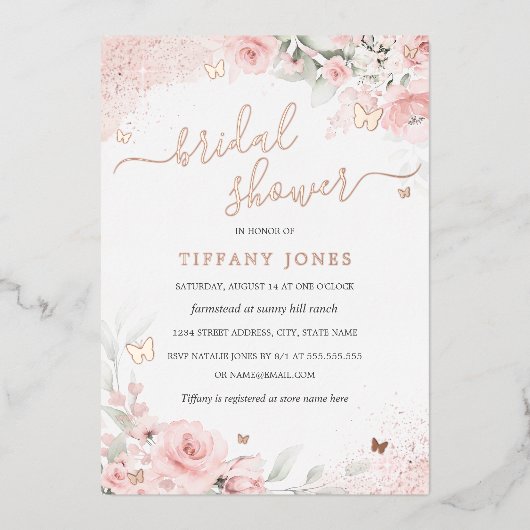 Blush Pink Rose Butterfly Floral Vrijgezellenfeest Folie Uitnodiging (Voorkant)