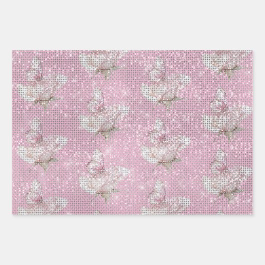 Blush Pink Rose Butterfly Sparkle Birthday Inpakpapier Vel (Voorkant)