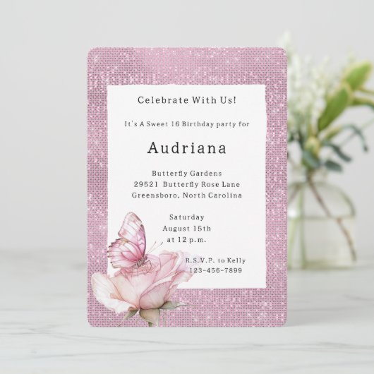 Blush Pink Rose Butterfly Sparkle Birthday Kaart (Staand voorkant)