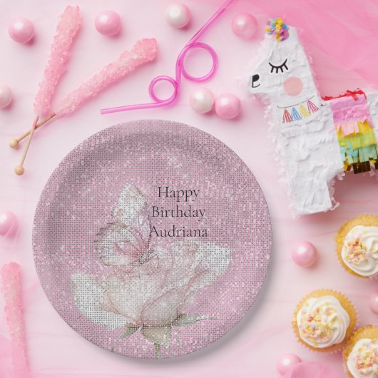Blush Pink Rose Butterfly Sparkle Birthday Papieren Bordje (Feest)