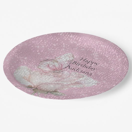 Blush Pink Rose Butterfly Sparkle Birthday Papieren Bordje (Gekanteld)