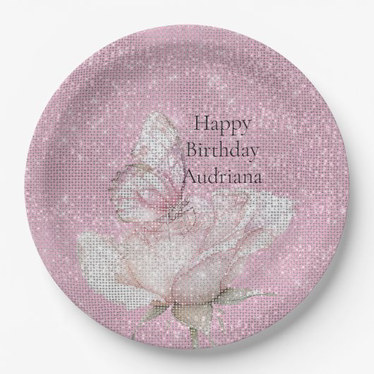 Blush Pink Rose Butterfly Sparkle Birthday Papieren Bordje (Voorkant)