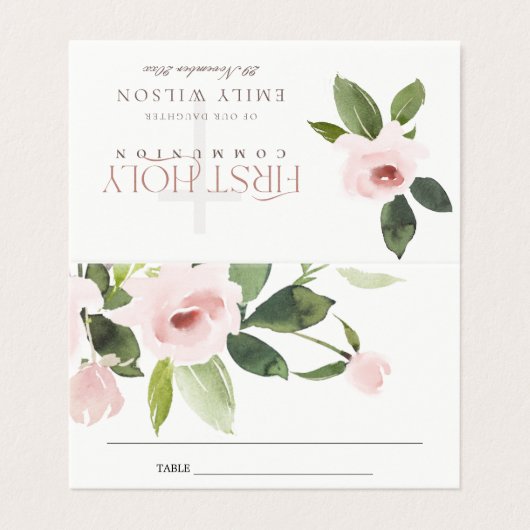 BLUSH PINK ROSE FIRST HOLY COMMUNION PLACE CARD KAART (Buitenkant ongevouwen)