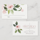 BLUSH PINK ROSE FIRST HOLY COMMUNION PLACE CARD VISITEKAARTJE (Voorkant / Achterkant)