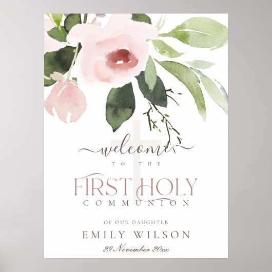BLUSH PINK ROSE FLORA EERST HOLY COMMUNION WELCOMM POSTER (Voorkant)