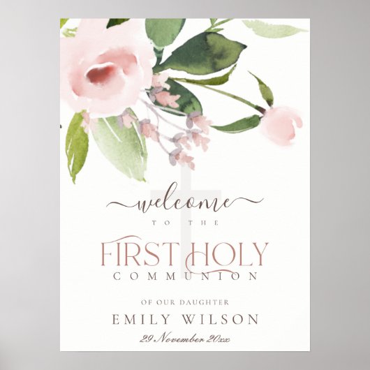 BLUSH PINK ROSE FLORA EERST HOLY COMMUNION WELCOMM POSTER (Voorkant)