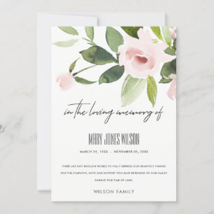 BLUSH PINK ROSE FLORA WATERVERF SYMPATHIE MEMORIAL BEDANKKAART