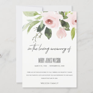 BLUSH PINK ROSE FLORA WATERVERF SYMPATHIE MEMORIAL BEDANKKAART
