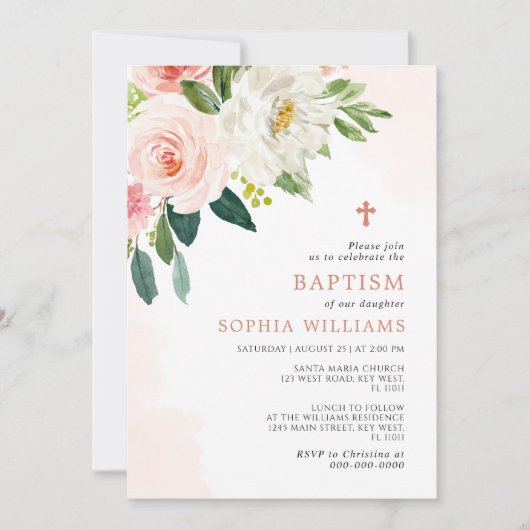 Blush Pink Rose Floral Baptism Uitnodiging (Voorkant)