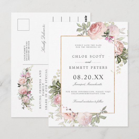 Blush Pink Rose Floral Bewaar de datum Briefkaart (Voorkant / Achterkant)