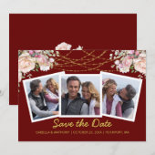 Blush Pink Rose Floral Gold Burgundy 3 Foto Save The Date (Voorkant / Achterkant)