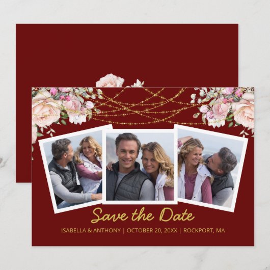 Blush Pink Rose Floral Gold Burgundy 3 Foto Save The Date (Voorkant / Achterkant)