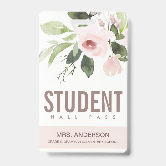 BLUSH PINK ROSE FLORAL STUDENT TEACHER HALL PASS BADGE (Voorzijde)