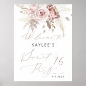 Blush Pink Rose Floral Sweet 16 Verjaardag Welkom Poster (Voorkant)