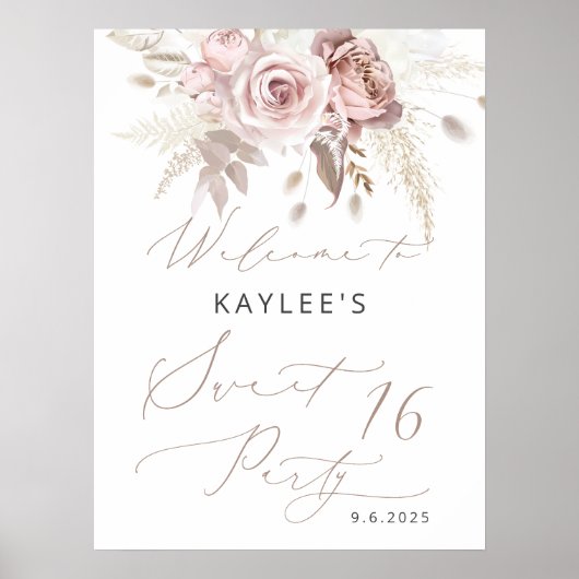 Blush Pink Rose Floral Sweet 16 Verjaardag Welkom Poster (Voorkant)