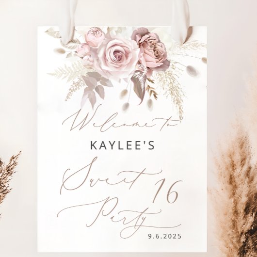Blush Pink Rose Floral Sweet 16 Verjaardag Welkom Poster