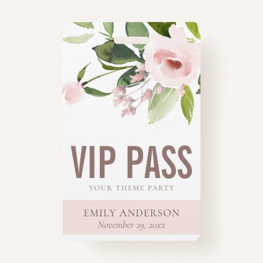 BLUSH PINK ROSE FLORAL VIP OM HET EVEN WELKE PARTI BADGE (Voorkant)