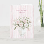 Blush Pink Rose Flowers Stripes Birthday Kaart (Voorkant)