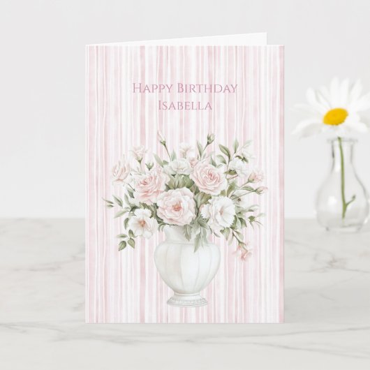 Blush Pink Rose Flowers Stripes Birthday Kaart (Kleine Plant)