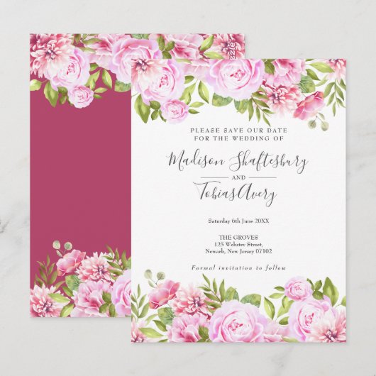 Blush Pink Rose Garden Floral Save the Date Briefkaart (Voorkant / Achterkant)
