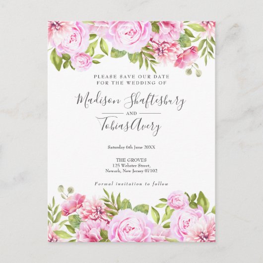 Blush Pink Rose Garden Floral Save the Date Briefkaart (Voorkant)
